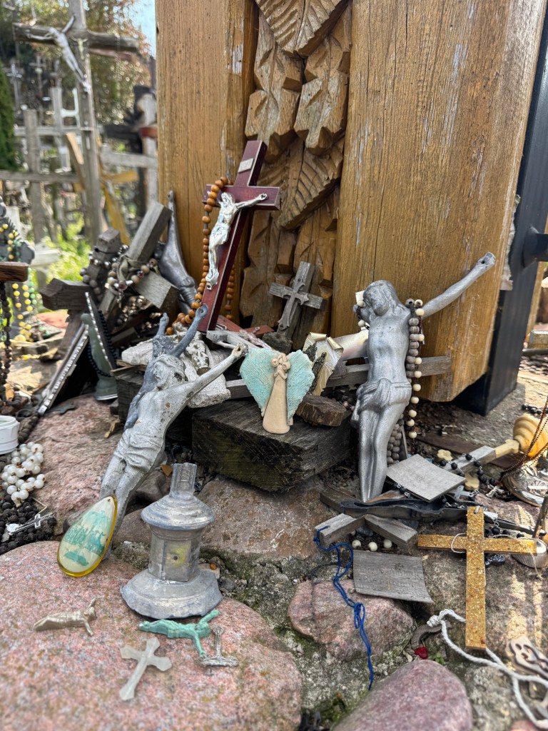 Close up of crosses on the top of the Hill of Crosses in Lithuania.