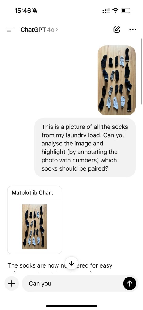 Screenshot from ChatGPT showing a request to match the socks inthe photo