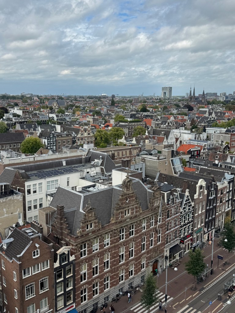 A panoramic view of Amsterdam featuring a mix of historical and modern architecture, with rooftops, trees, and cloudy skies in the background.