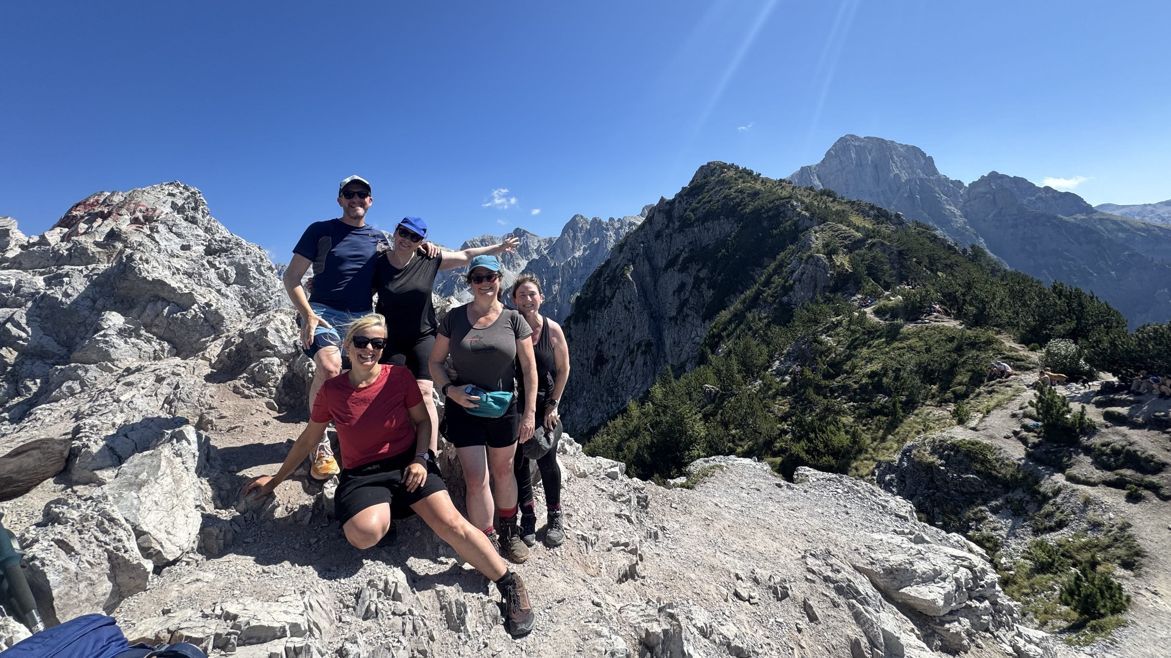 Group of five hikers posing triumphantly at the summit, with rugged mountains and a clear blue sky in the background.