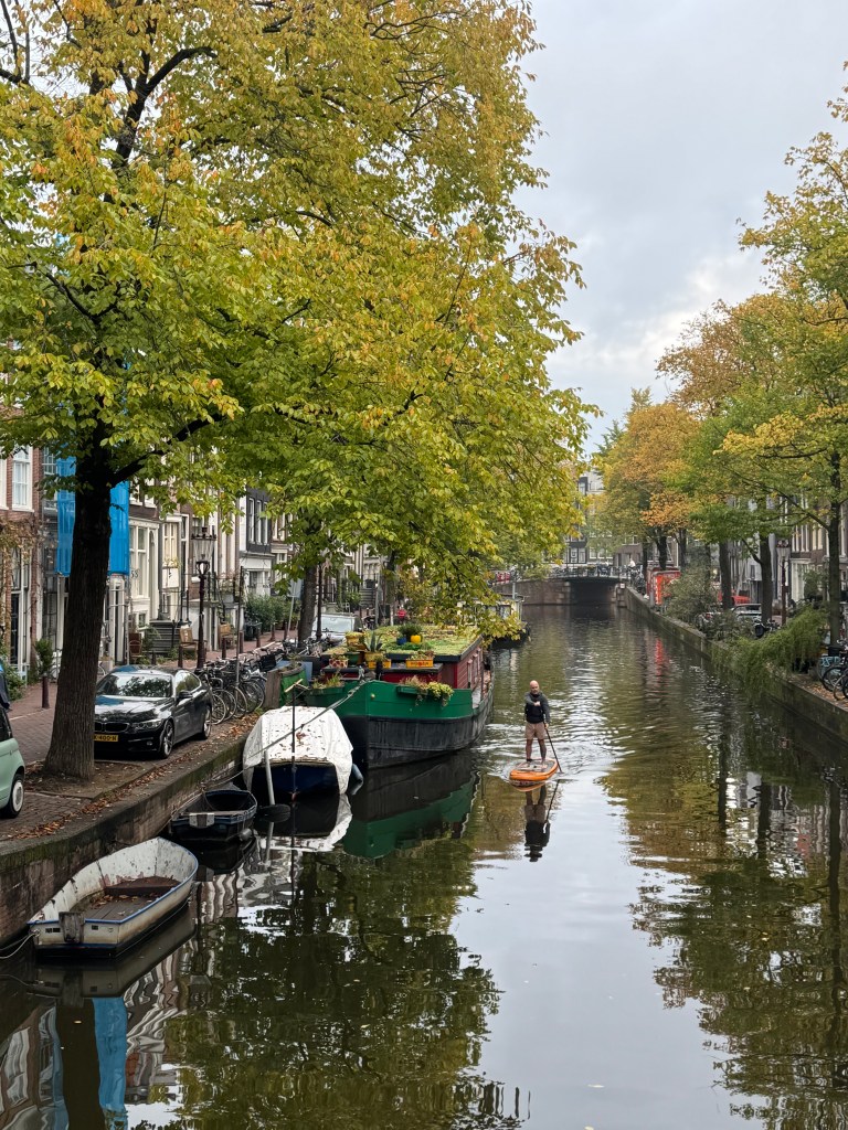 A picturesque canal scene in Amsterdam with a paddleboarder gliding along the water. Lush green trees are lining the banks, and colorful houseboats are moored nearby, reflecting in the calm water. It's a tranquil autumn day.