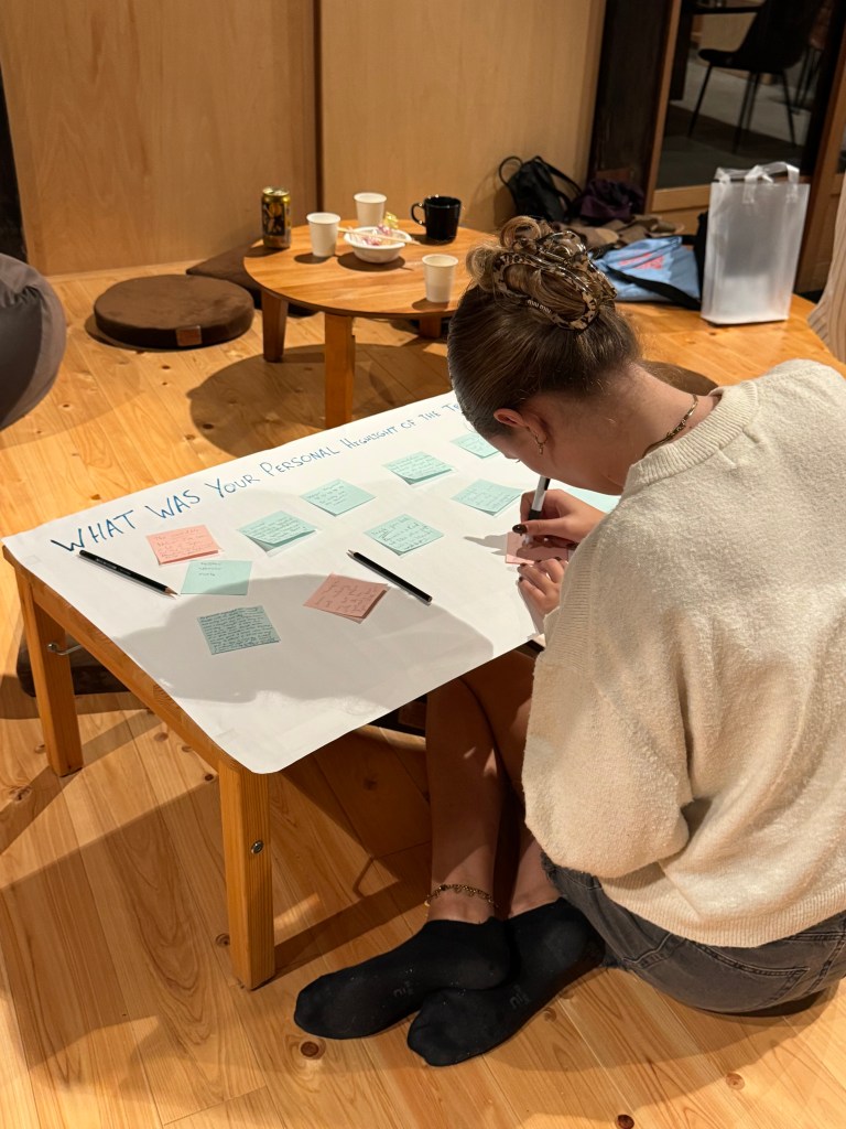 A person sitting on the floor of a wooden room, working on a flipchart with sticky notes, while surrounded by cups and snacks.