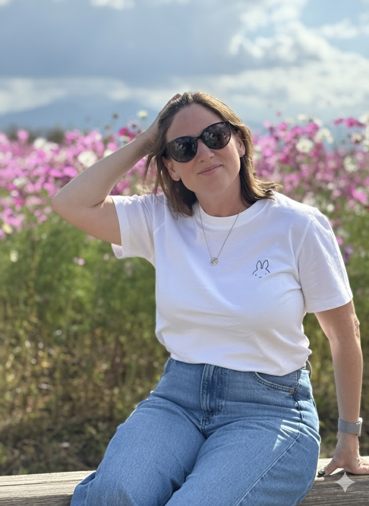 A woman sitting on a bench among flowers, wearing sunglasses and a white t-shirt with a small bunny design, smiling and lightly touching her hair.