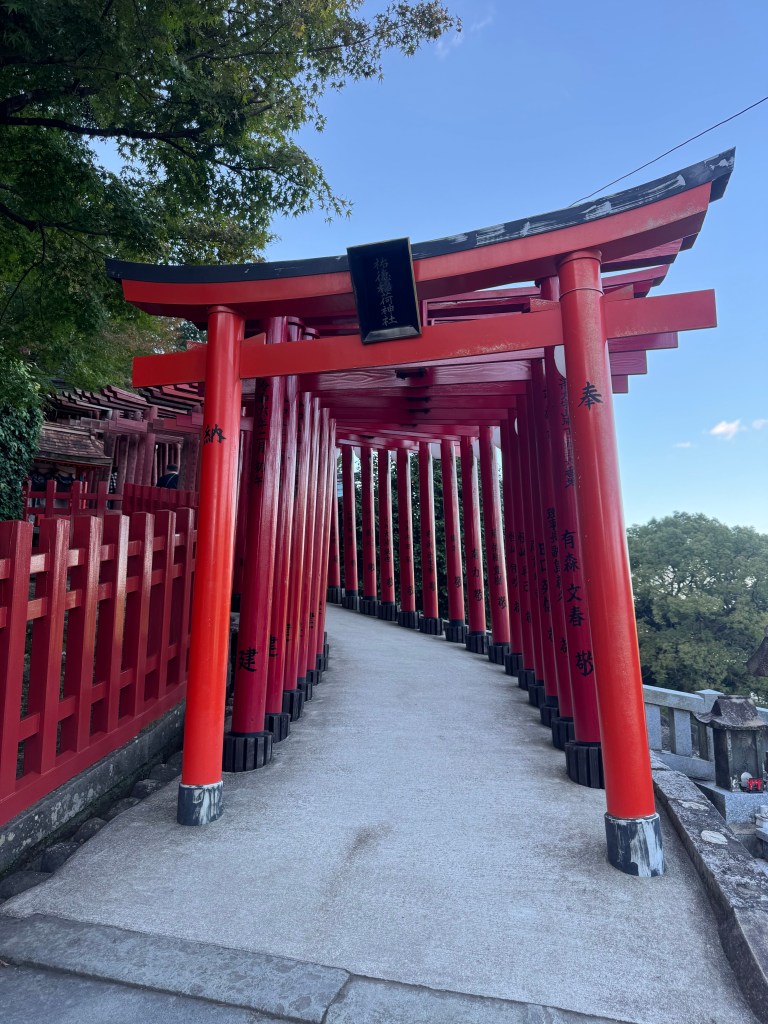 A pathway lined with vibrant red torii gates under a clear blue sky, leading into a serene park setting.