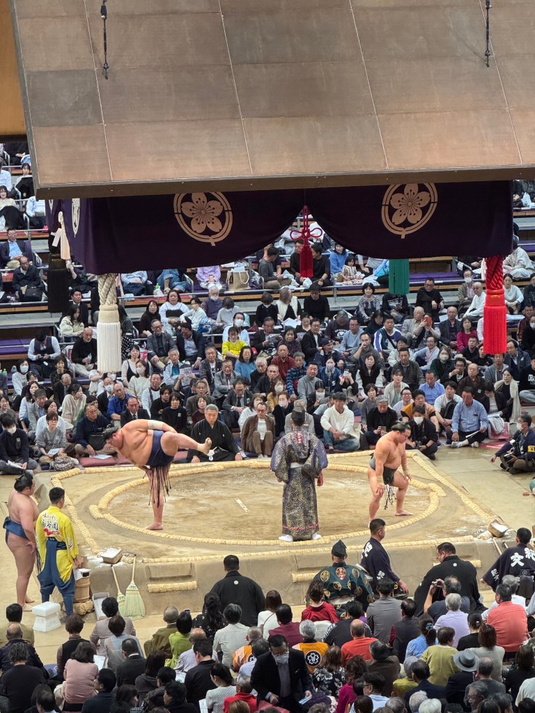A lively sumo wrestling match taking place in a packed arena, with spectators intently watching as two wrestlers prepare for their bout on the circular ring.