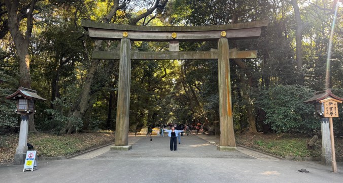 A wooden torii gate leading into a lush forested area, with people walking beneath it, symbolizing a traditional Japanese threshold.