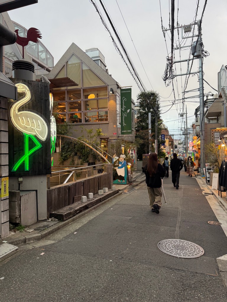 A vibrant street in Tokyo featuring neon signs, restaurants, and pedestrians walking along the pavement, with power lines overhead and a cloudy sky.