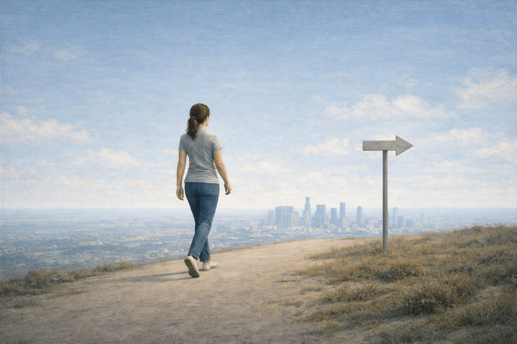 A person walking along a dirt path towards a city skyline, with a signpost indicating the direction, under a clear blue sky.