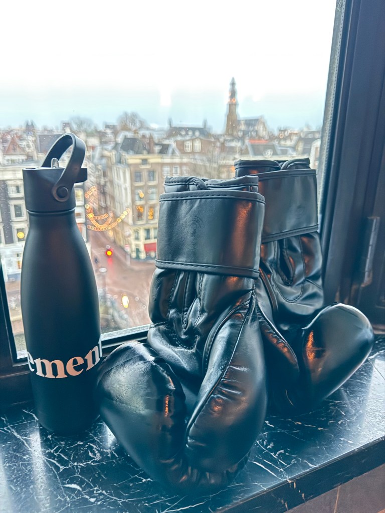 A pair of black boxing gloves positioned next to a black water bottle on a windowsill with a cityscape view in the background.