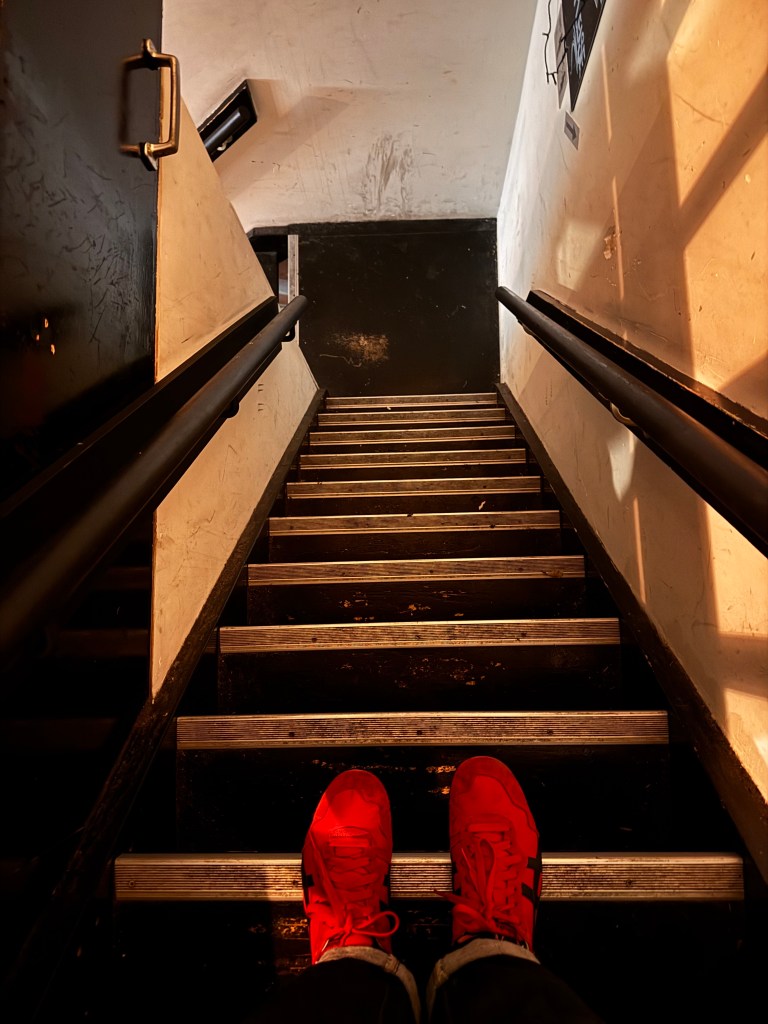 View from the top of a staircase with metal railings, showing red sneakers on the steps.