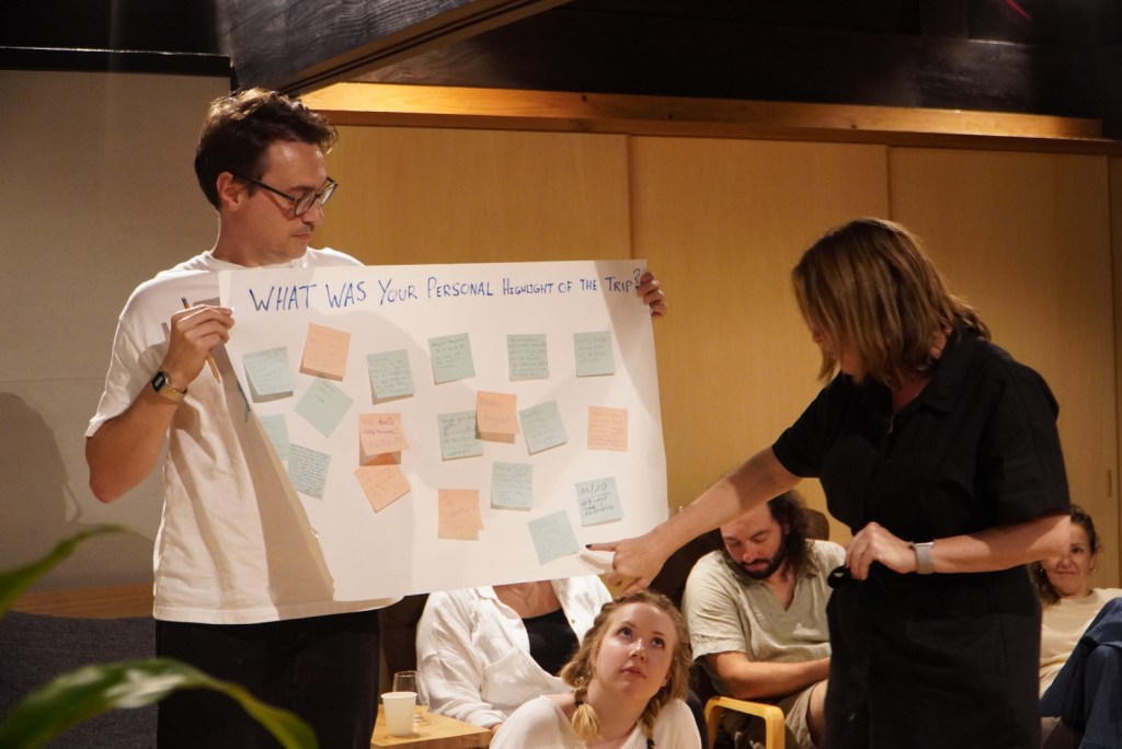 A group discussion where a person holds a large poster titled 'WHAT WAS YOUR Personal Highlight of the Trip?' displaying sticky notes with written highlights, while another participant listens attentively.
