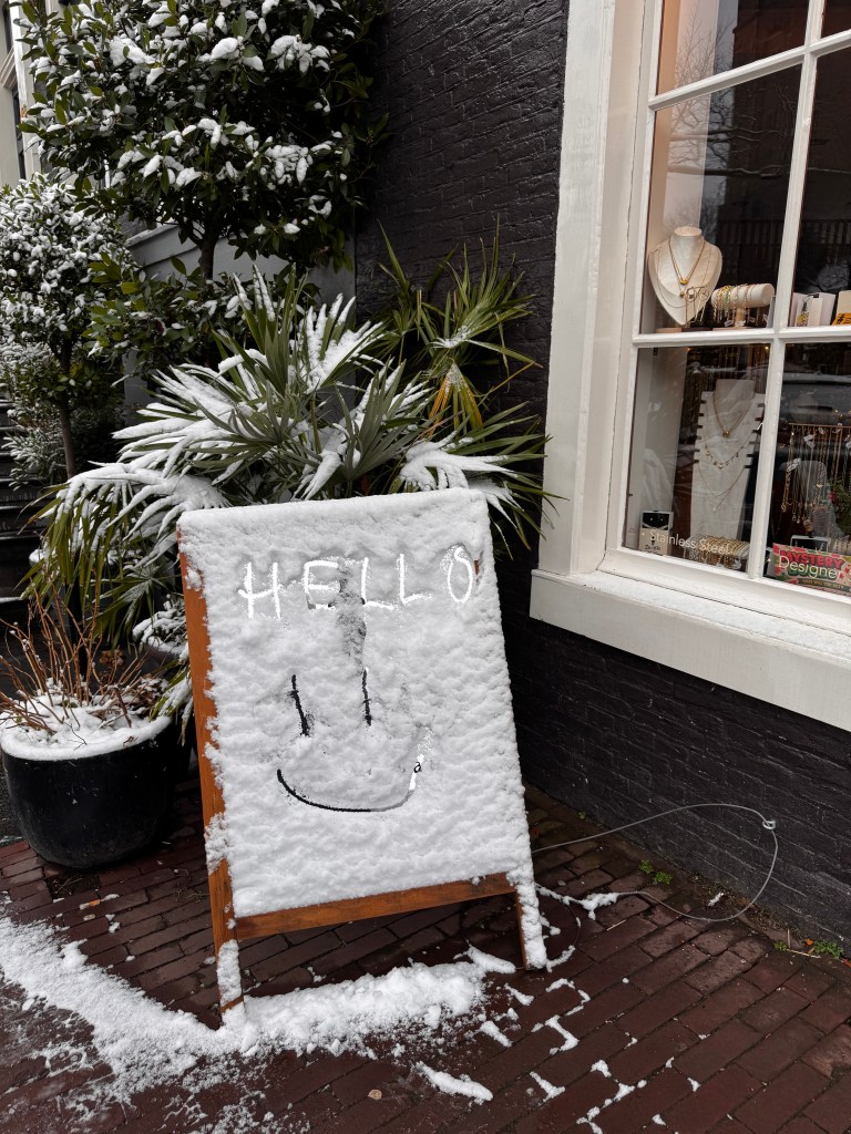 A wooden sign covered in snow with the word 'HELLO' and a smiley face drawn on it, placed outside a shop near winter greenery.