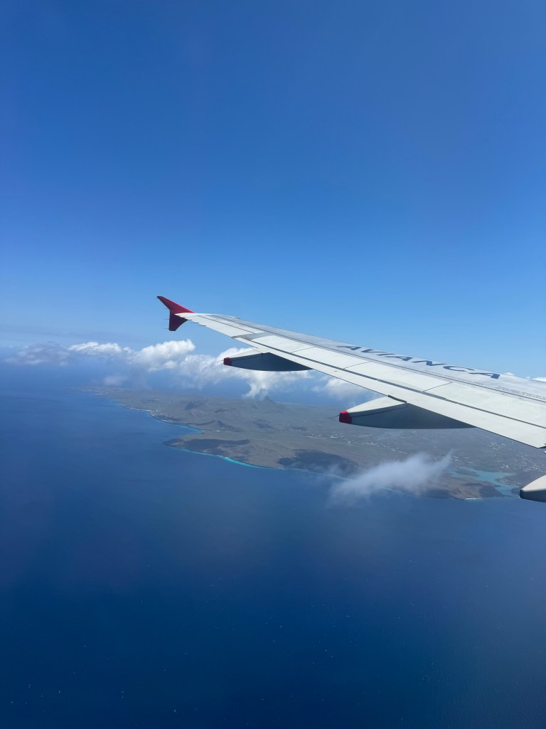 View of an airplane wing above the ocean with a distant landmass and blue sky.
