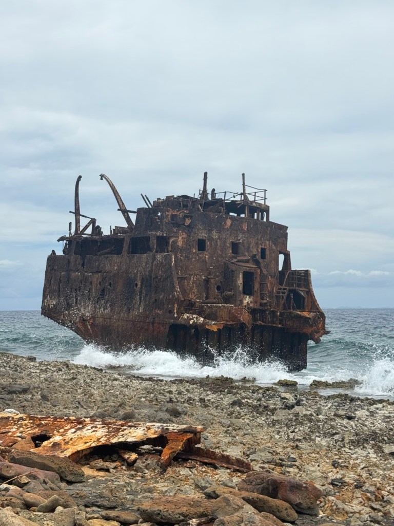 Rusty shipwreck on rocky shore with ocean waves crashing in the foreground under a cloudy sky.