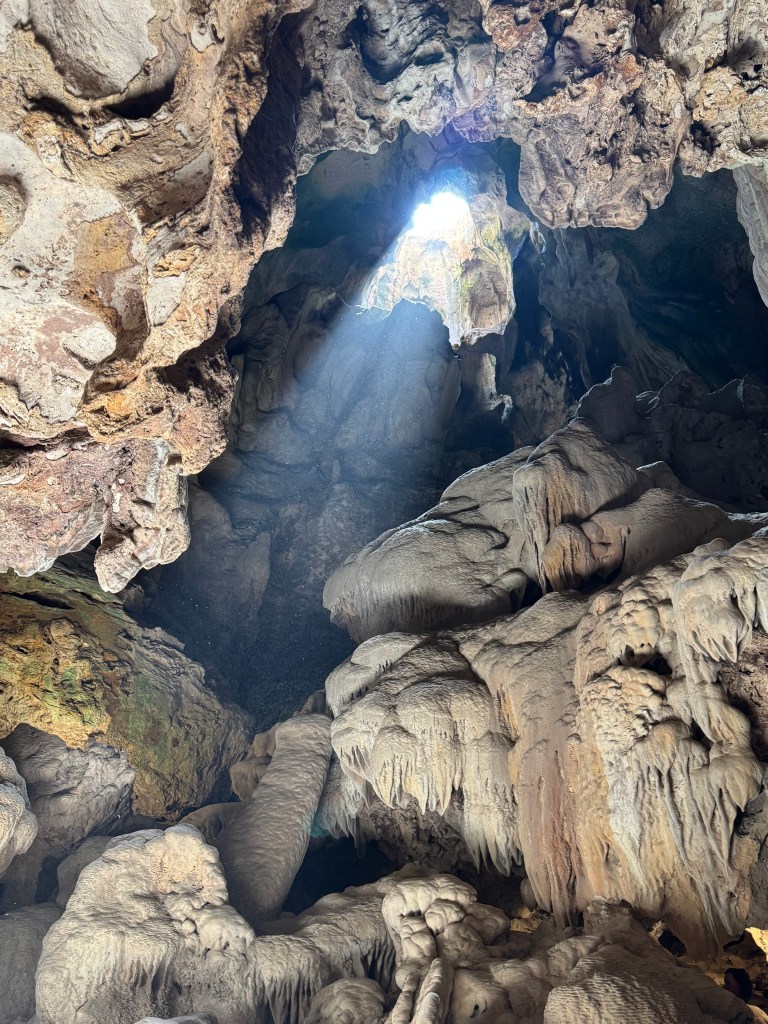A view inside a cave featuring intricate rock formations illuminated by a beam of sunlight coming through an opening above.